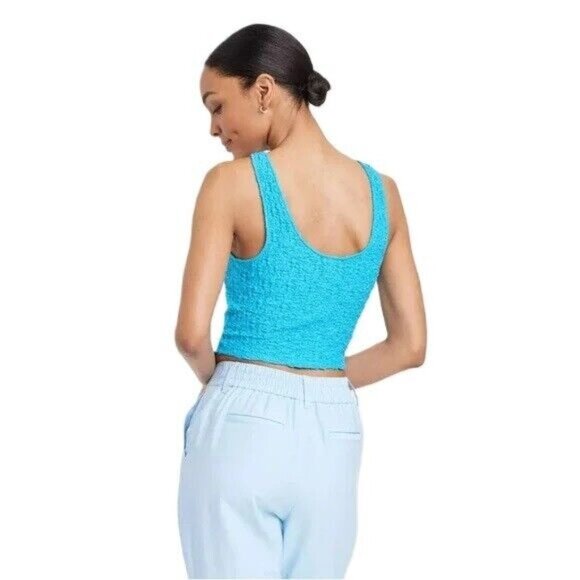 A New Day Women XXL Panama Bright Blue Pucker Texture Slim Fit Cropped Tank Top - Picture 2 of 5